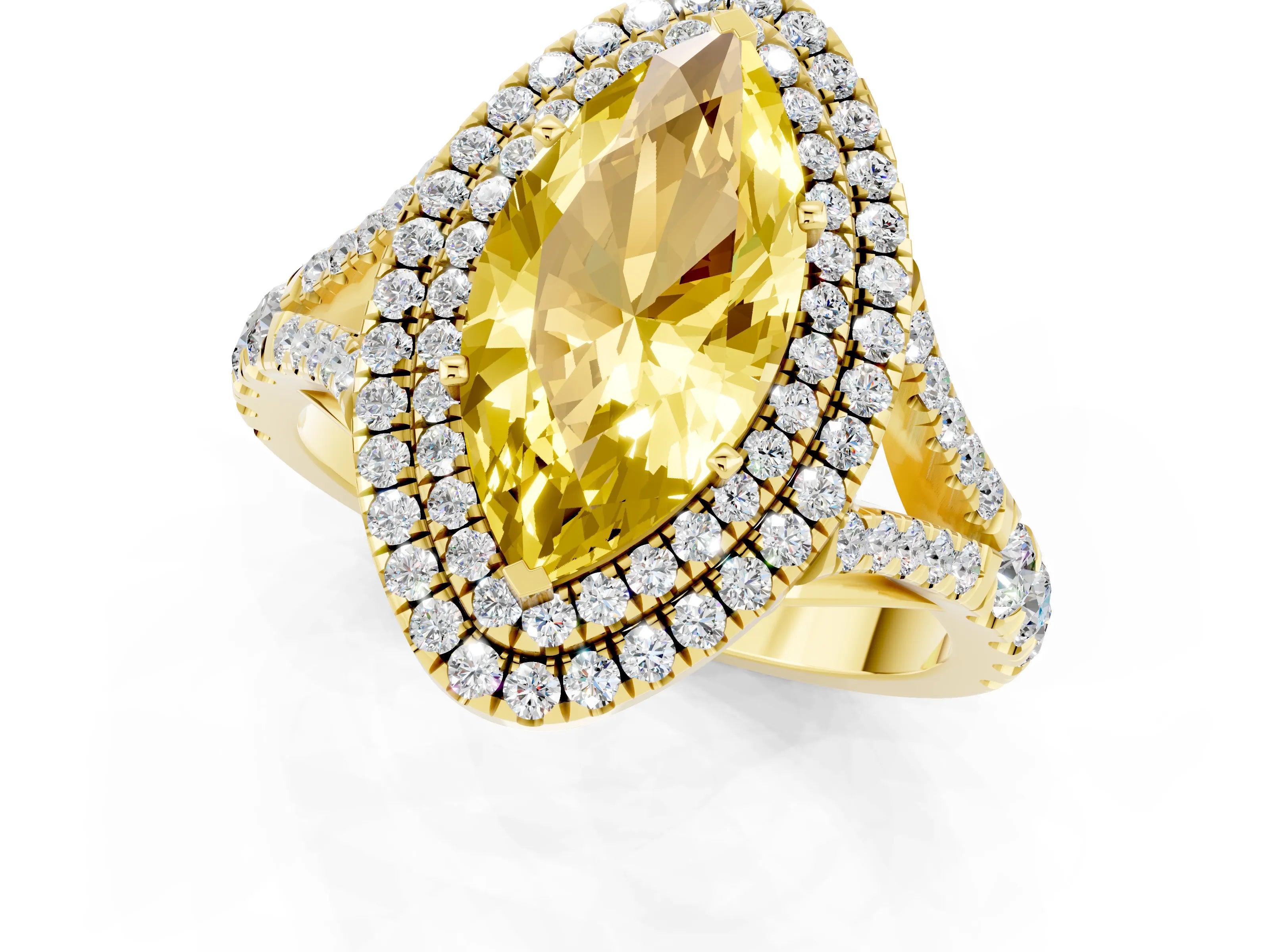 Yellow gold Double Halo Marquise Cut Yellow Sapphire Split Shank Engagement Ring with Four-Prong Setting_1