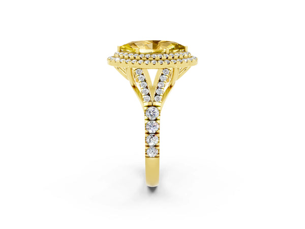 Yellow gold Double Halo Marquise Cut Yellow Sapphire Split Shank Engagement Ring with Four-Prong Setting