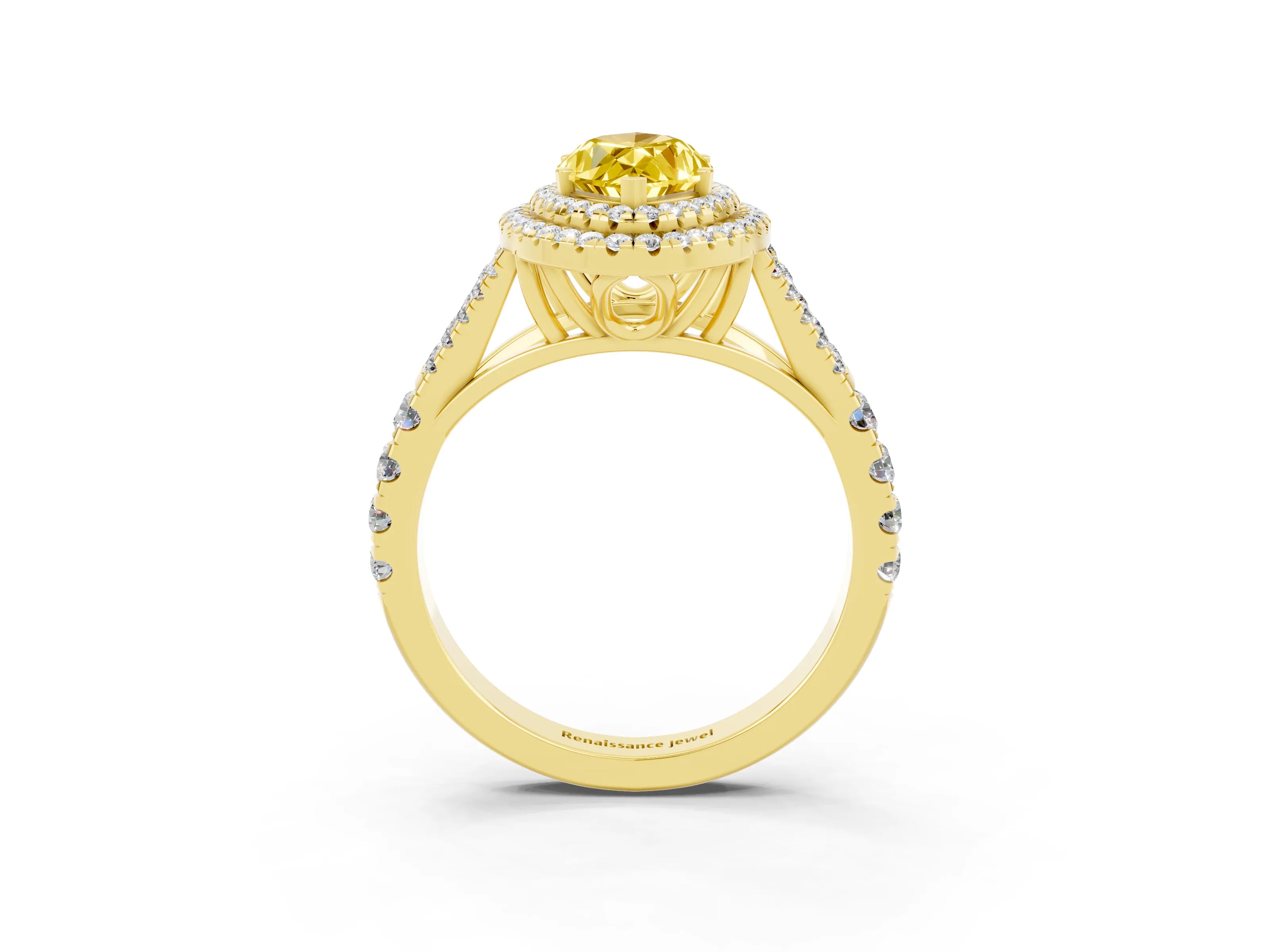 Yellow gold Double Halo Marquise Cut Yellow Sapphire Split Shank Engagement Ring with Four-Prong Setting_3