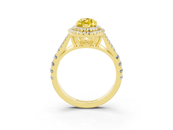 Yellow gold Double Halo Marquise Cut Yellow Sapphire Split Shank Engagement Ring with Four-Prong Setting