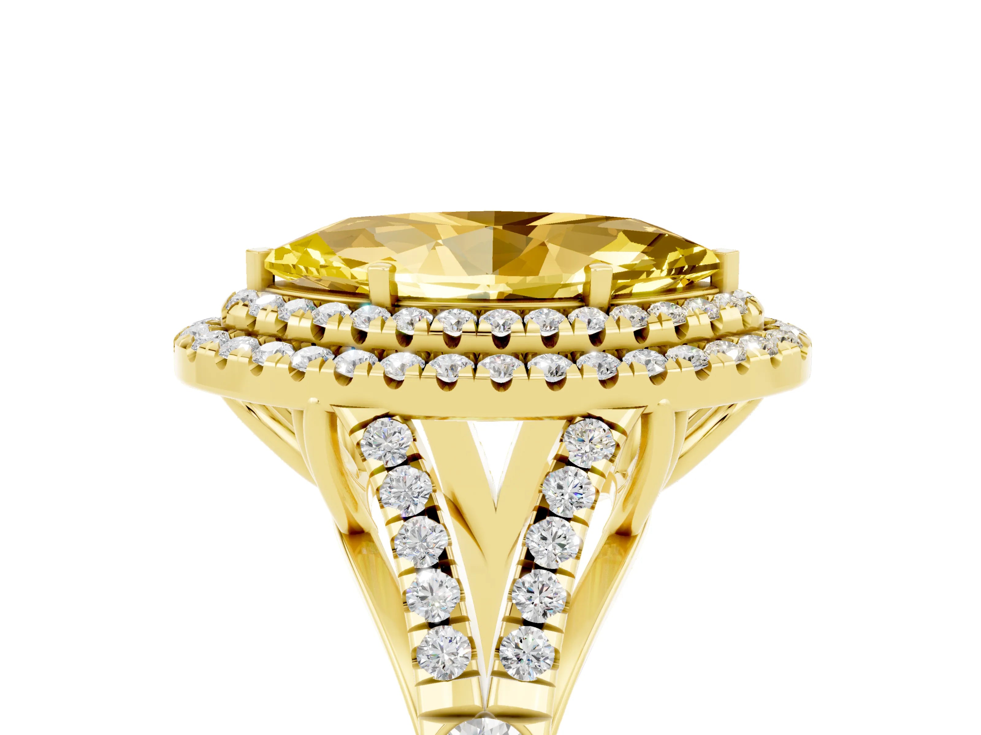 Yellow gold Double Halo Marquise Cut Yellow Sapphire Split Shank Engagement Ring with Four-Prong Setting_5