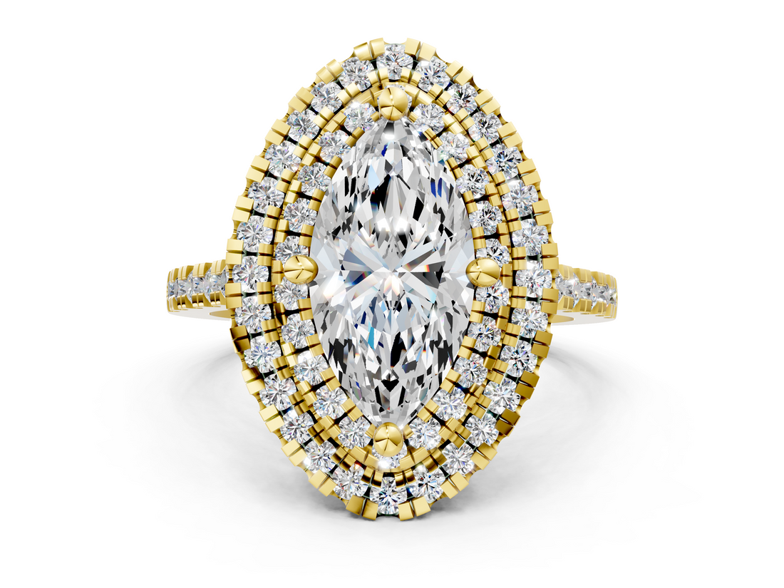 Yellow gold Double Halo Marquise Diamond Pave Band with Four-Prong Setting_56