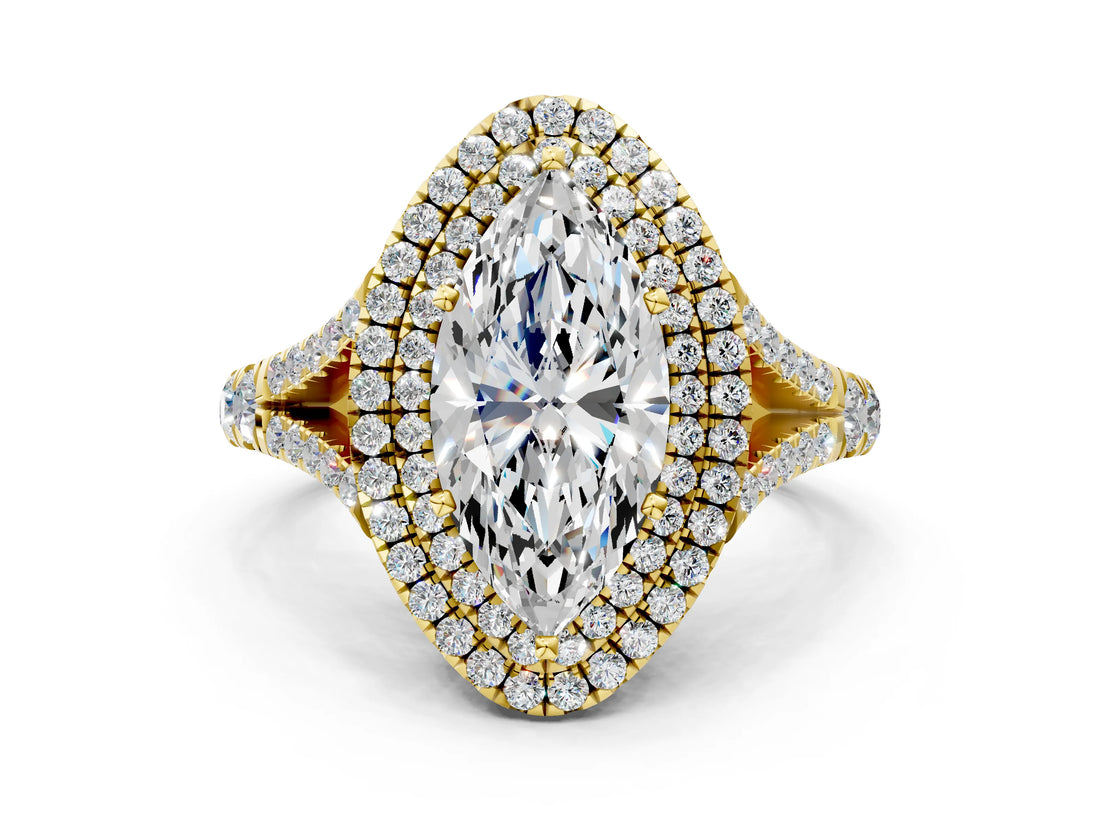Yellow gold Double Halo Marquise-Shaped Split Shank Diamond Ring with Prong Setting_15