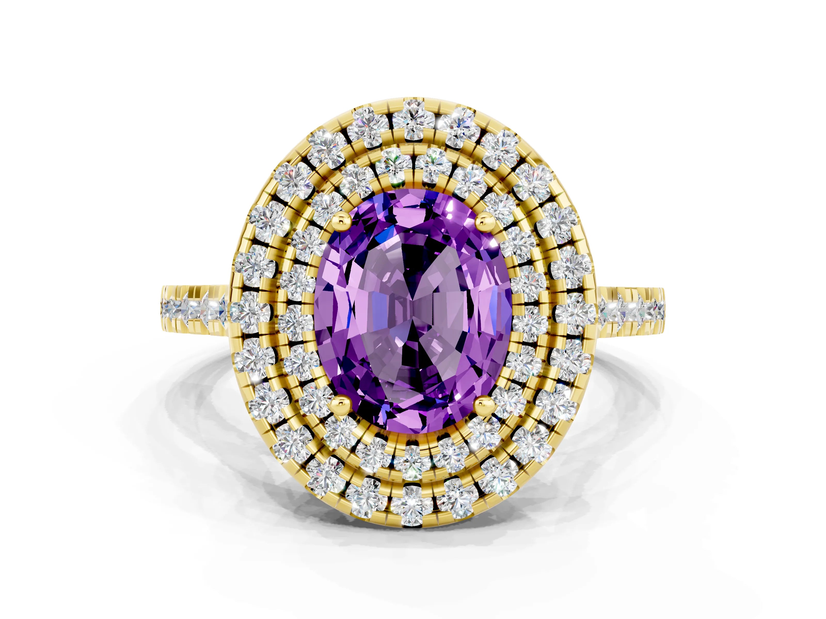 Yellow gold Double Halo Oval Cut Amethyst Pavé Band with Four-Prong Setting