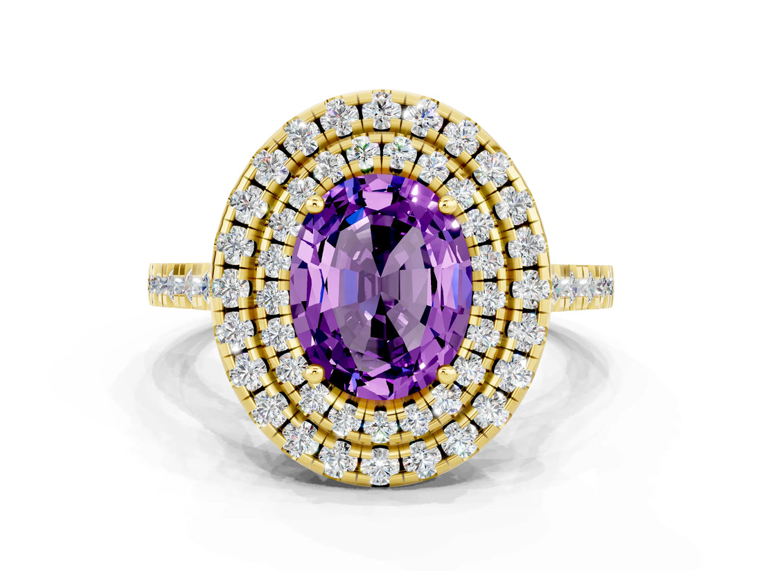 Yellow gold Double Halo Oval Cut Amethyst Pavé Band with Four-Prong Setting