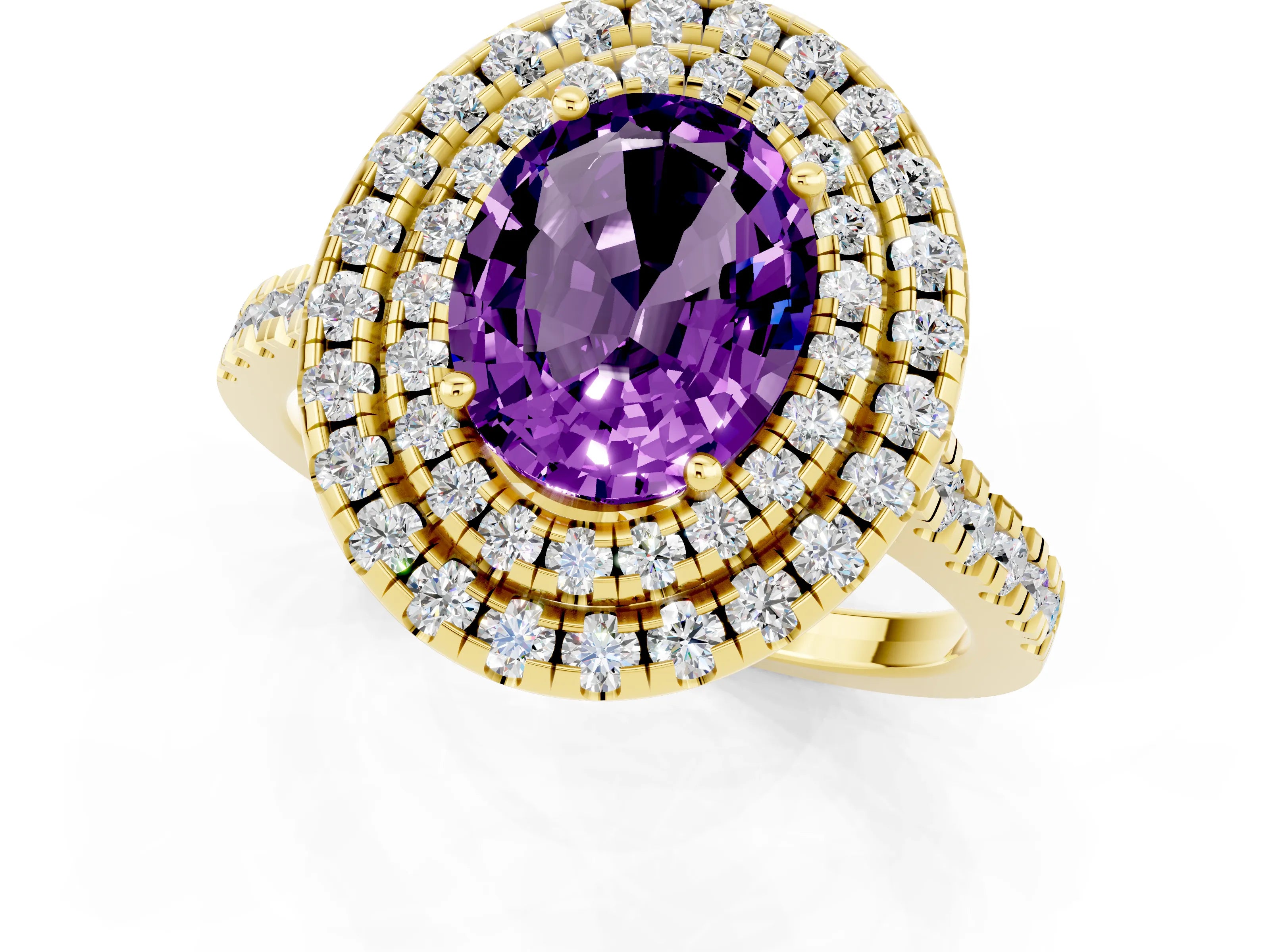 Yellow gold Double Halo Oval Cut Amethyst Pavé Band with Four-Prong Setting_1