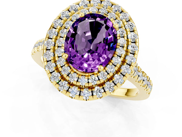 Yellow gold Double Halo Oval Cut Amethyst Pavé Band with Four-Prong Setting