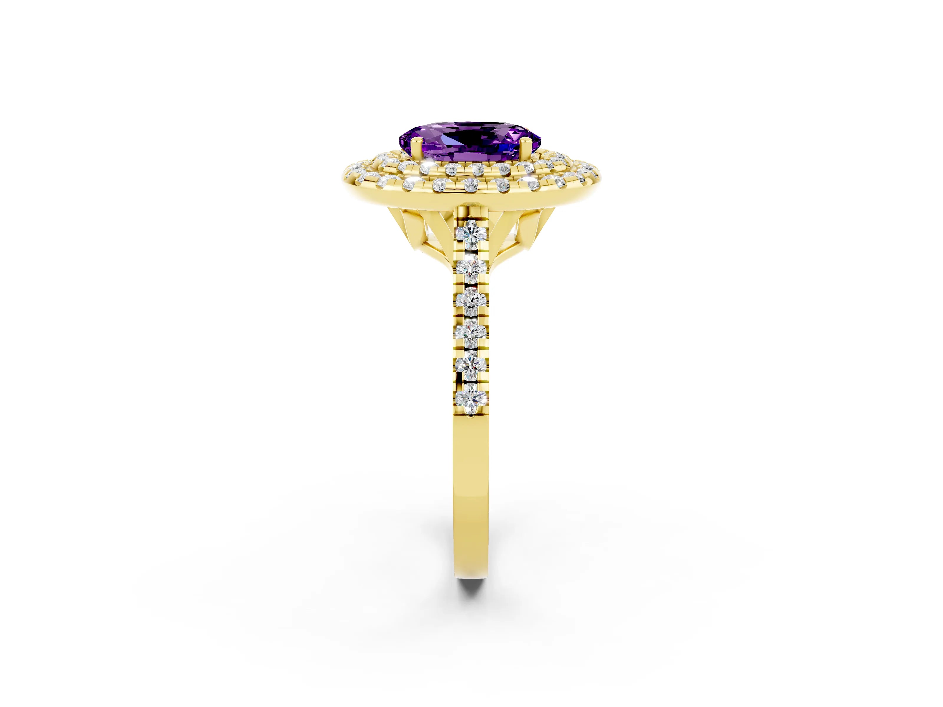 Yellow gold Double Halo Oval Cut Amethyst Pavé Band with Four-Prong Setting_2
