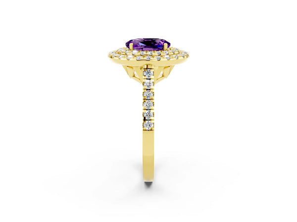 Yellow gold Double Halo Oval Cut Amethyst Pavé Band with Four-Prong Setting