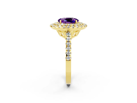 Yellow gold Double Halo Oval Cut Amethyst Pavé Band with Four-Prong Setting_2