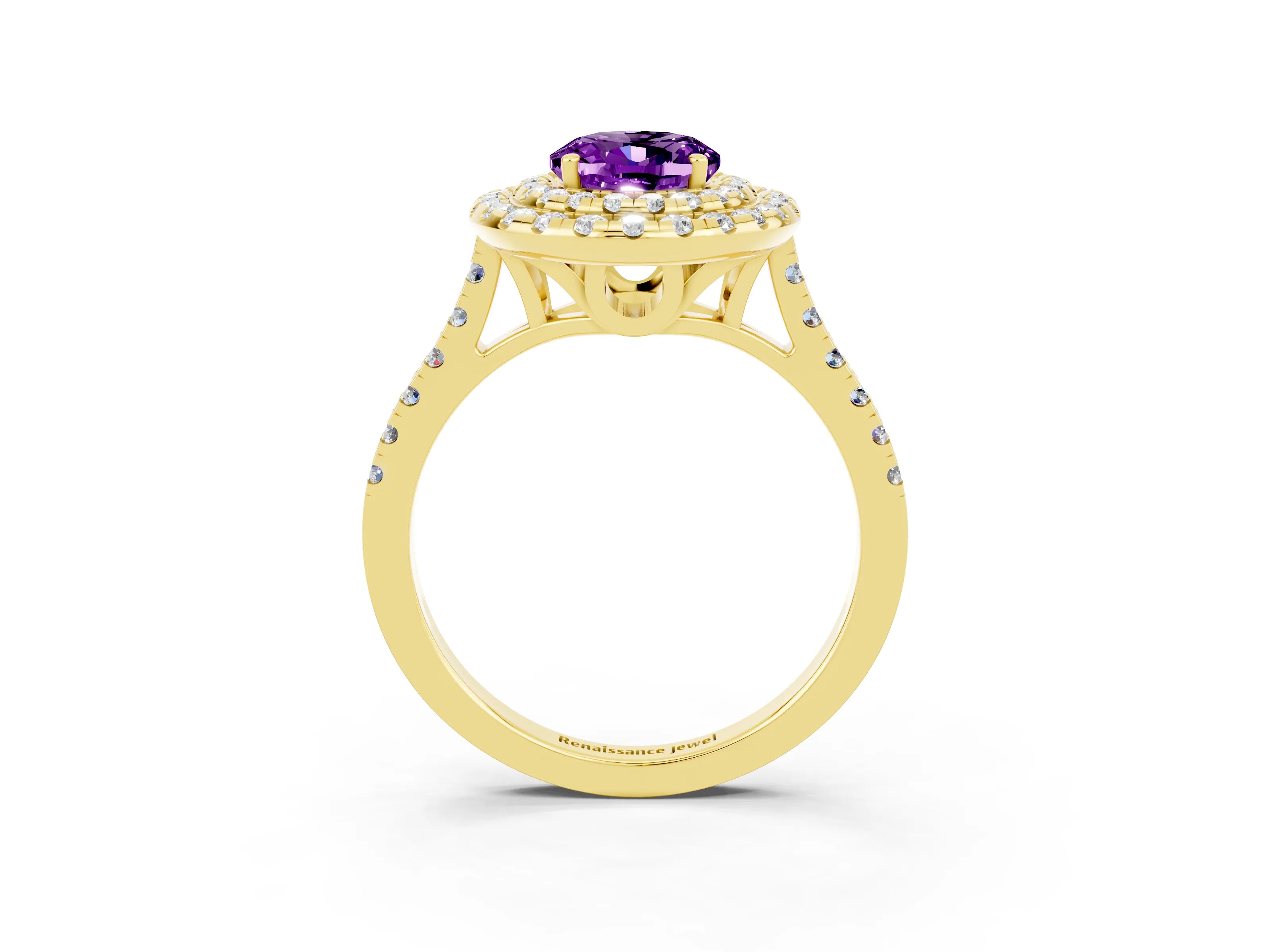 Yellow gold Double Halo Oval Cut Amethyst Pavé Band with Four-Prong Setting_3