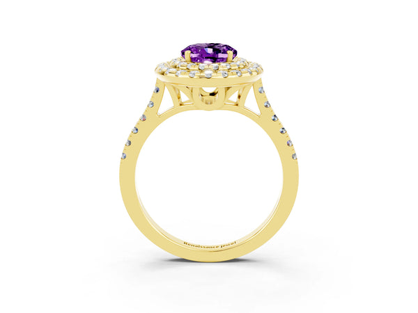 Yellow gold Double Halo Oval Cut Amethyst Pavé Band with Four-Prong Setting