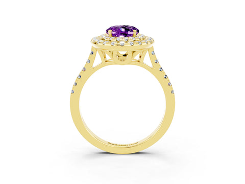 Yellow gold Double Halo Oval Cut Amethyst Pavé Band with Four-Prong Setting_3