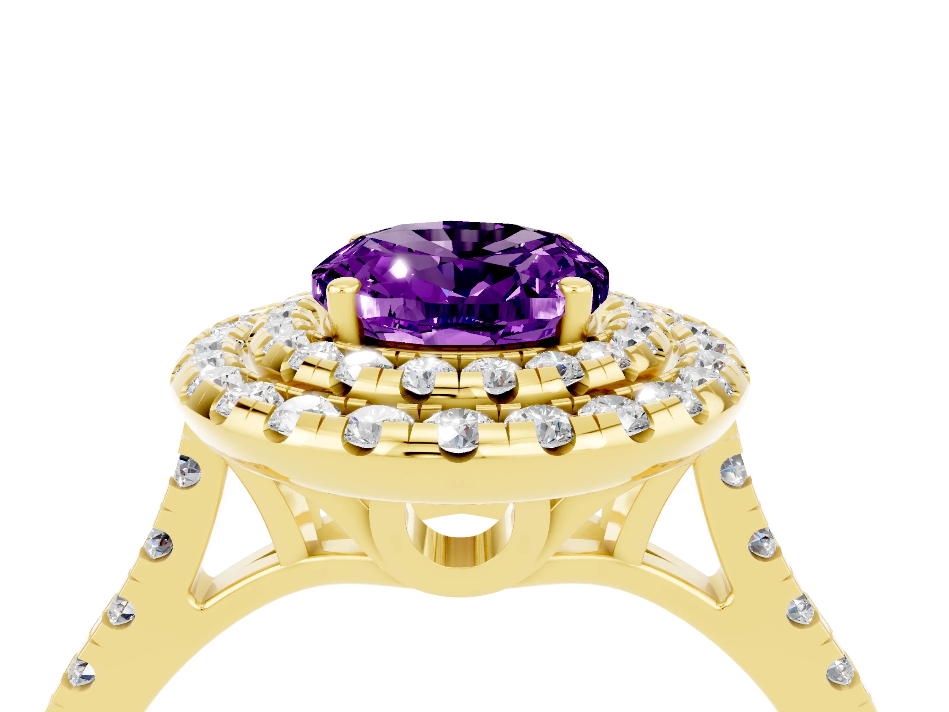 Yellow gold Double Halo Oval Cut Amethyst Pavé Band with Four-Prong Setting_4