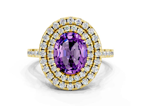 Yellow gold Double Halo Oval Cut Amethyst Pavé Band with Four-Prong Setting
