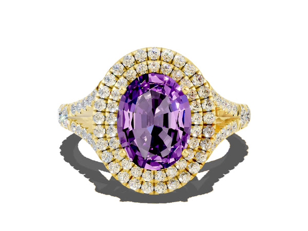 Yellow gold Double Halo Oval Cut Amethyst Pavé Split Shank Ring with Prong Setting