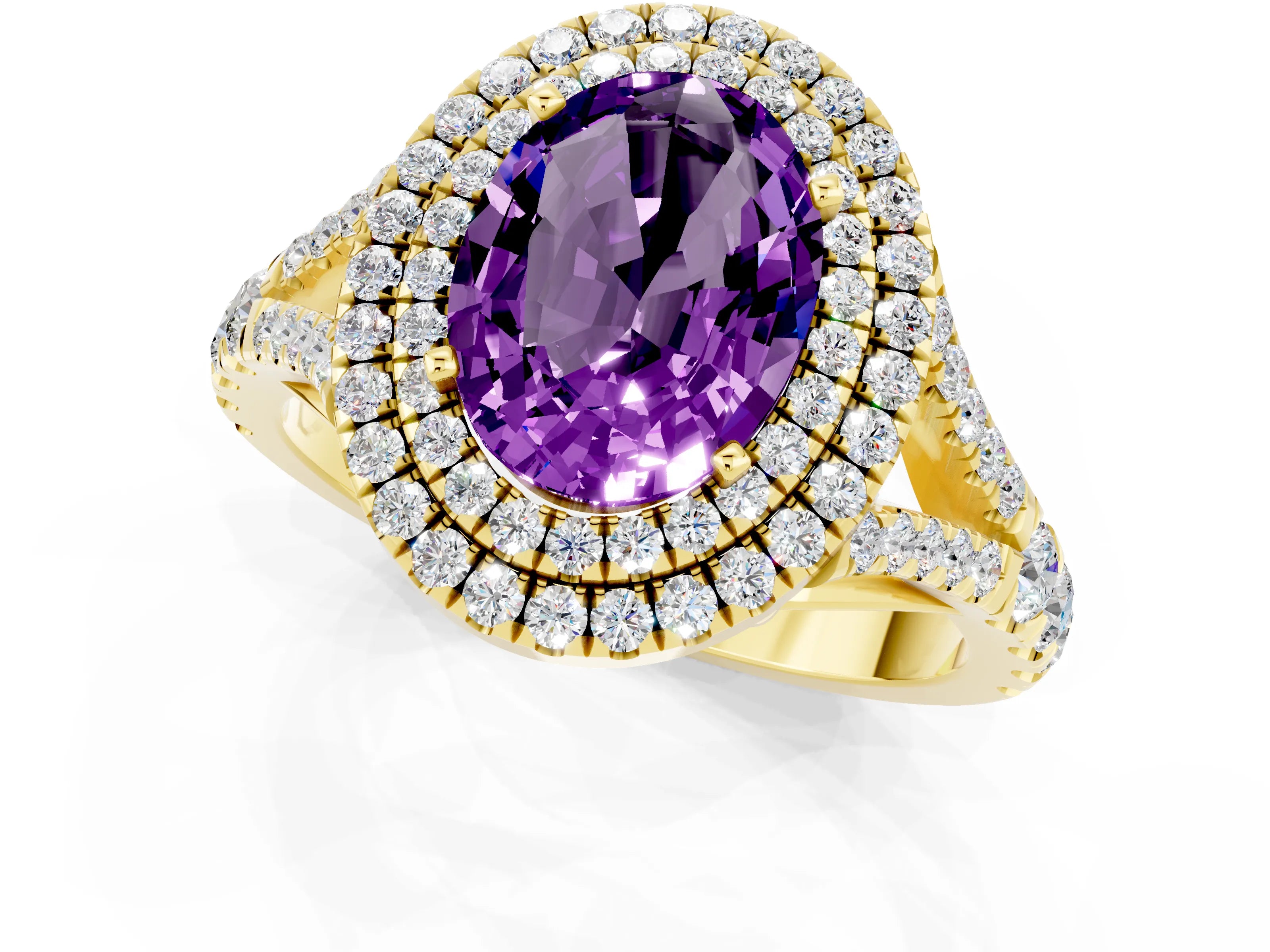 Yellow gold Double Halo Oval Cut Amethyst Pavé Split Shank Ring with Prong Setting_1