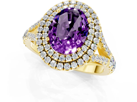 Yellow gold Double Halo Oval Cut Amethyst Pavé Split Shank Ring with Prong Setting_1