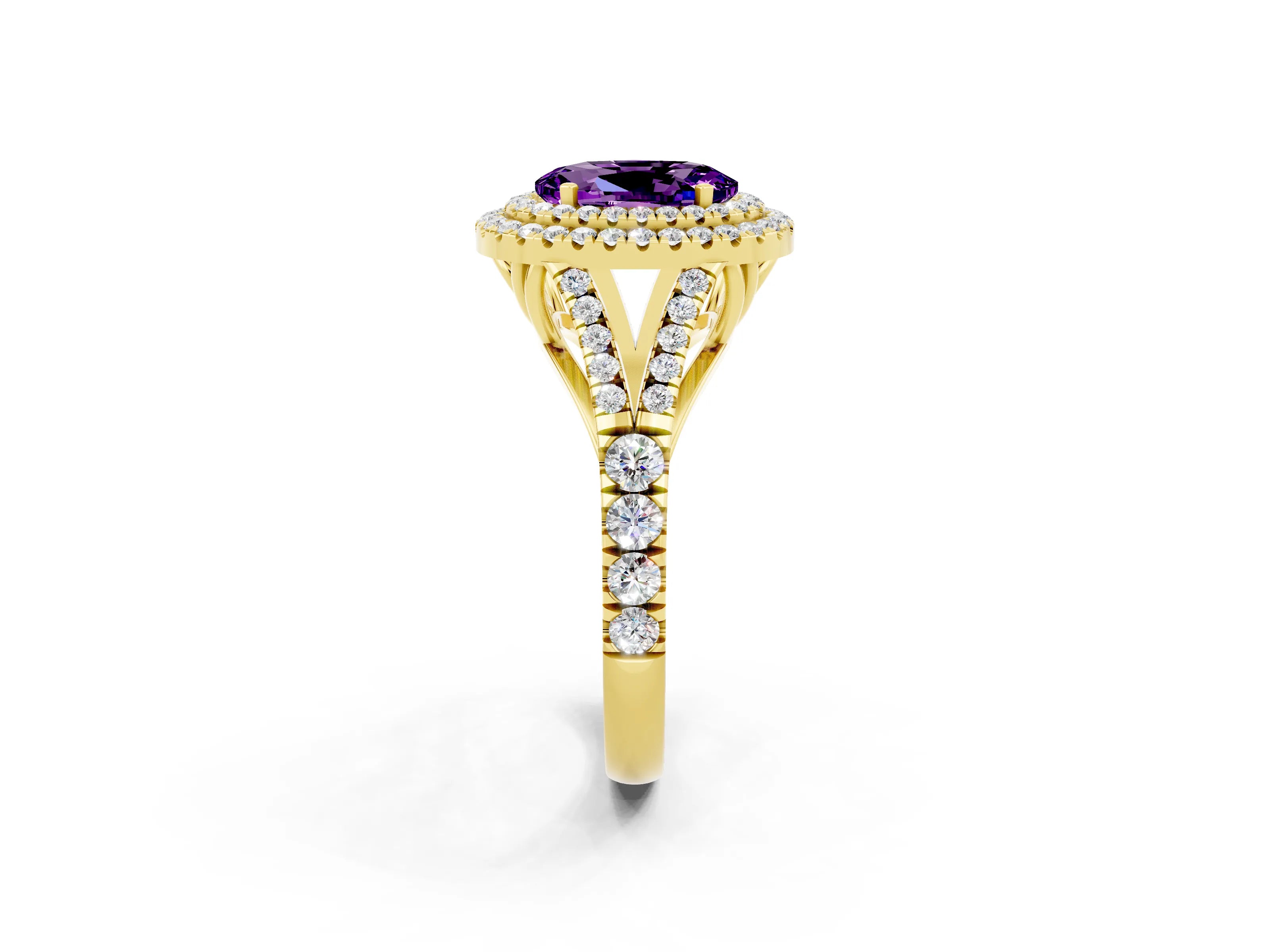 Yellow gold Double Halo Oval Cut Amethyst Pavé Split Shank Ring with Prong Setting_2