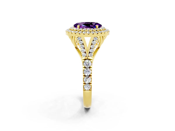 Yellow gold Double Halo Oval Cut Amethyst Pavé Split Shank Ring with Prong Setting