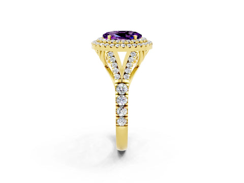 Yellow gold Double Halo Oval Cut Amethyst Pavé Split Shank Ring with Prong Setting_2