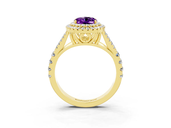 Yellow gold Double Halo Oval Cut Amethyst Pavé Split Shank Ring with Prong Setting