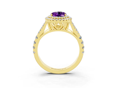 Yellow gold Double Halo Oval Cut Amethyst Pavé Split Shank Ring with Prong Setting_3