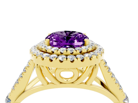 Yellow gold Double Halo Oval Cut Amethyst Pavé Split Shank Ring with Prong Setting_4