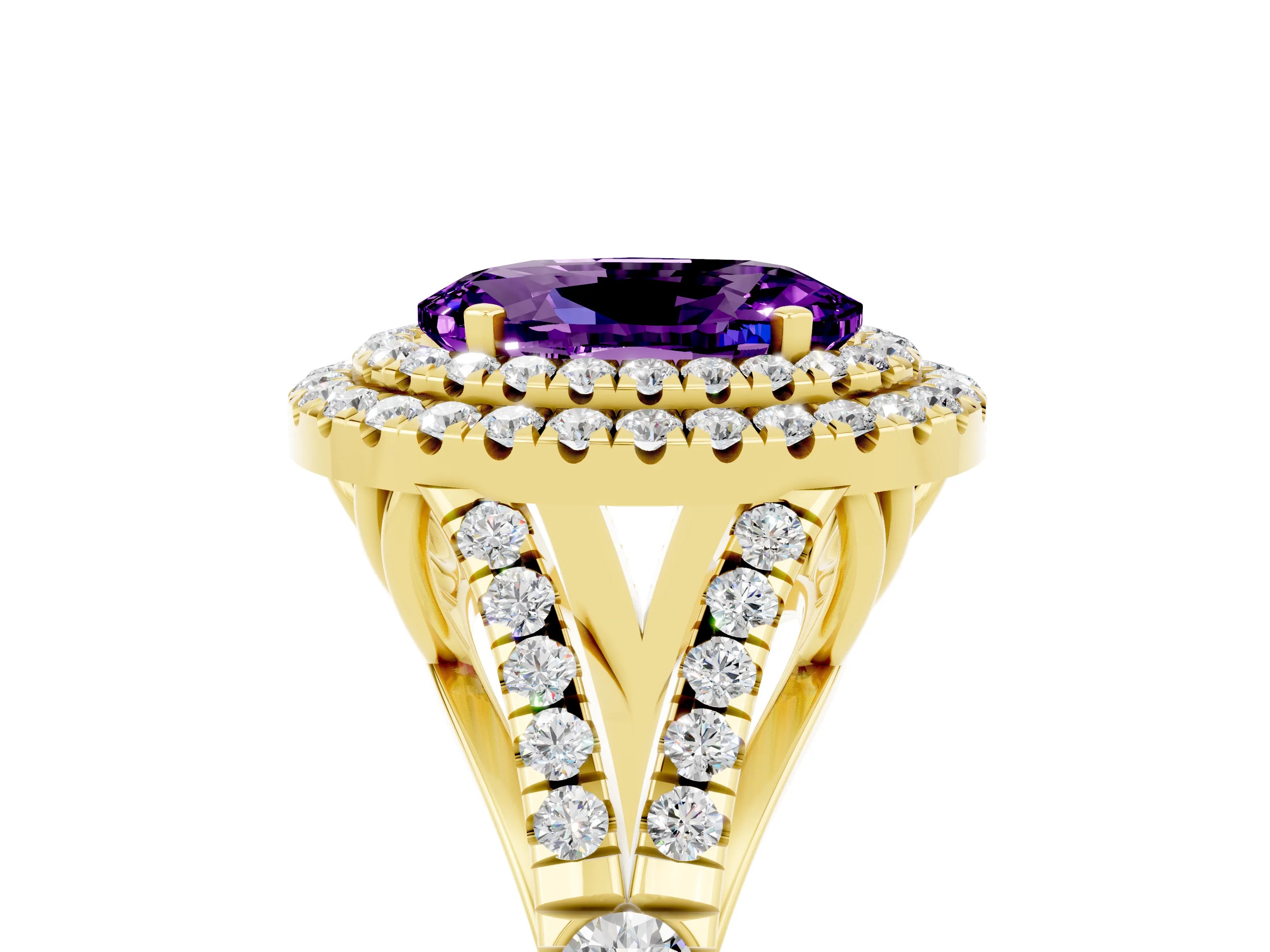 Yellow gold Double Halo Oval Cut Amethyst Pavé Split Shank Ring with Prong Setting_5