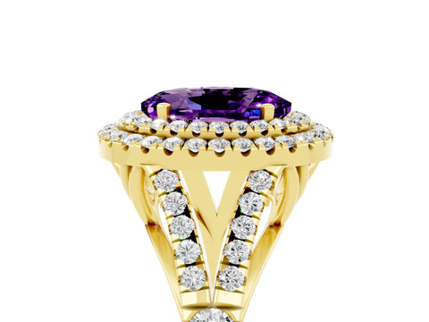 Yellow gold Double Halo Oval Cut Amethyst Pavé Split Shank Ring with Prong Setting_5