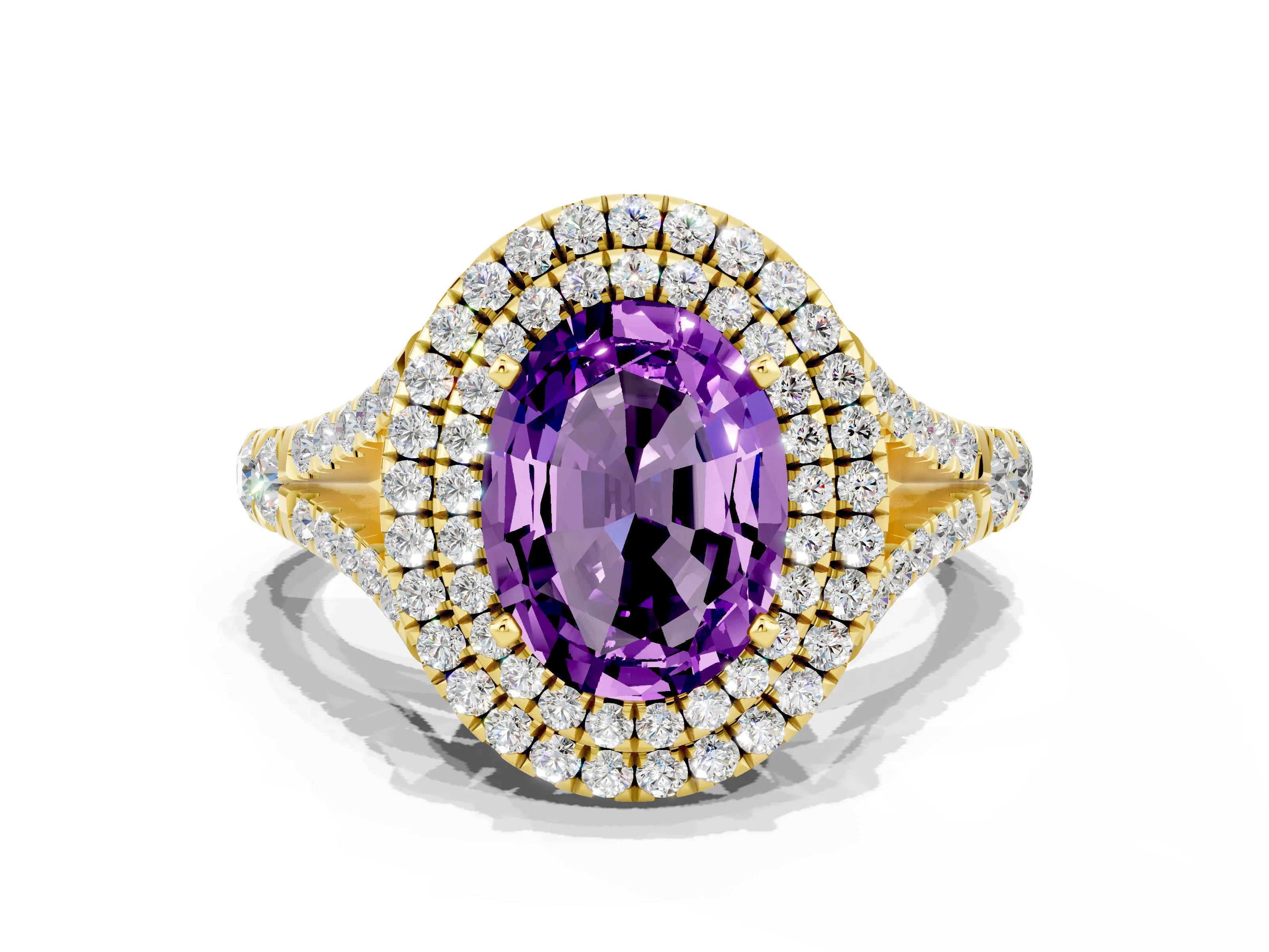 Yellow gold Double Halo Oval Cut Amethyst Split Shank Engagement Ring with Four-Prong Setting