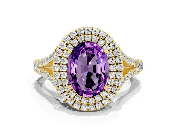 Yellow gold Double Halo Oval Cut Amethyst Split Shank Engagement Ring with Four-Prong Setting
