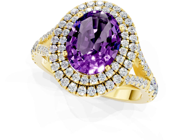 Yellow gold Double Halo Oval Cut Amethyst Split Shank Engagement Ring with Four-Prong Setting