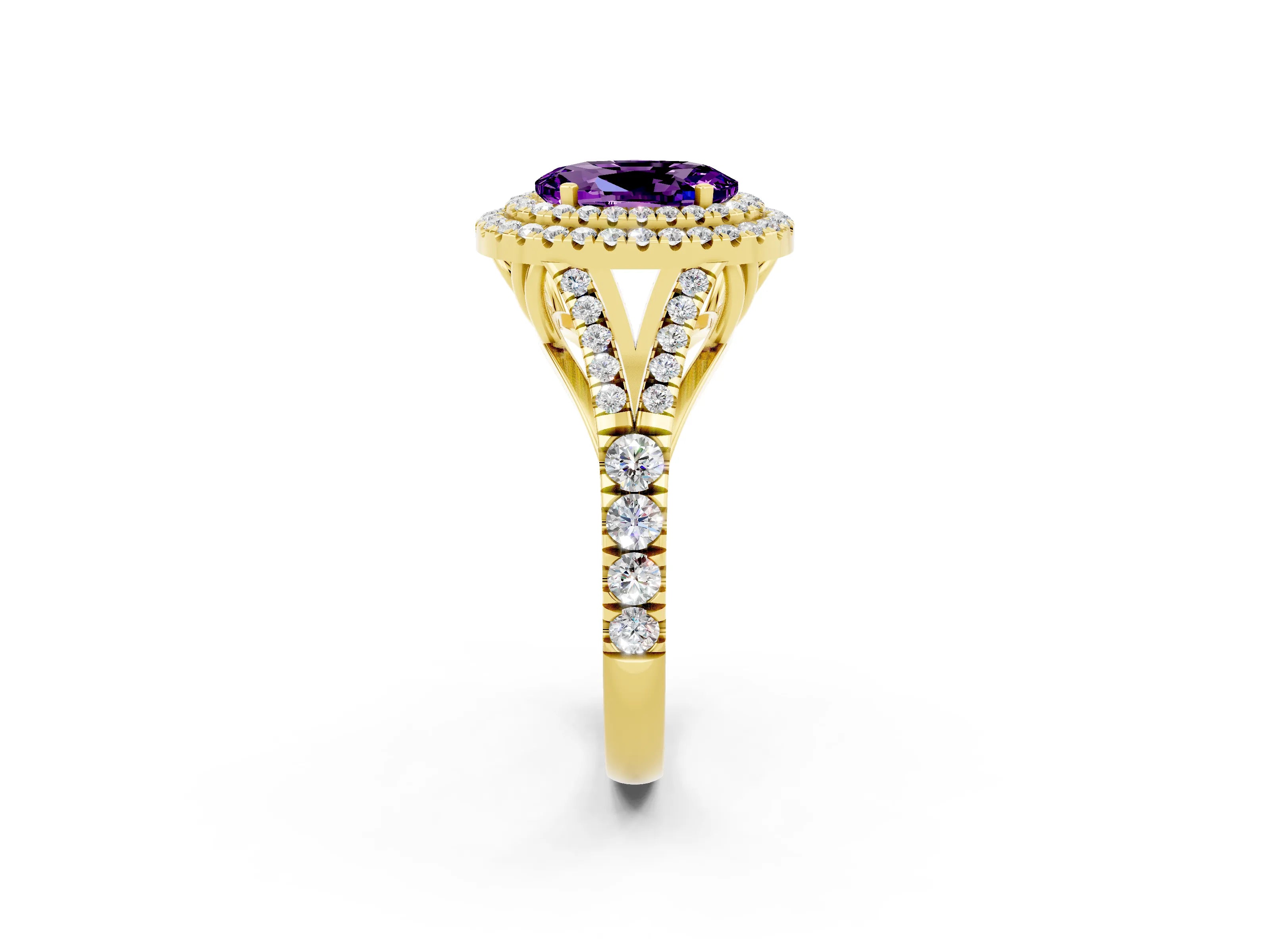 Yellow gold Double Halo Oval Cut Amethyst Split Shank Engagement Ring with Four-Prong Setting_2