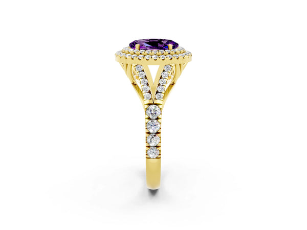 Yellow gold Double Halo Oval Cut Amethyst Split Shank Engagement Ring with Four-Prong Setting