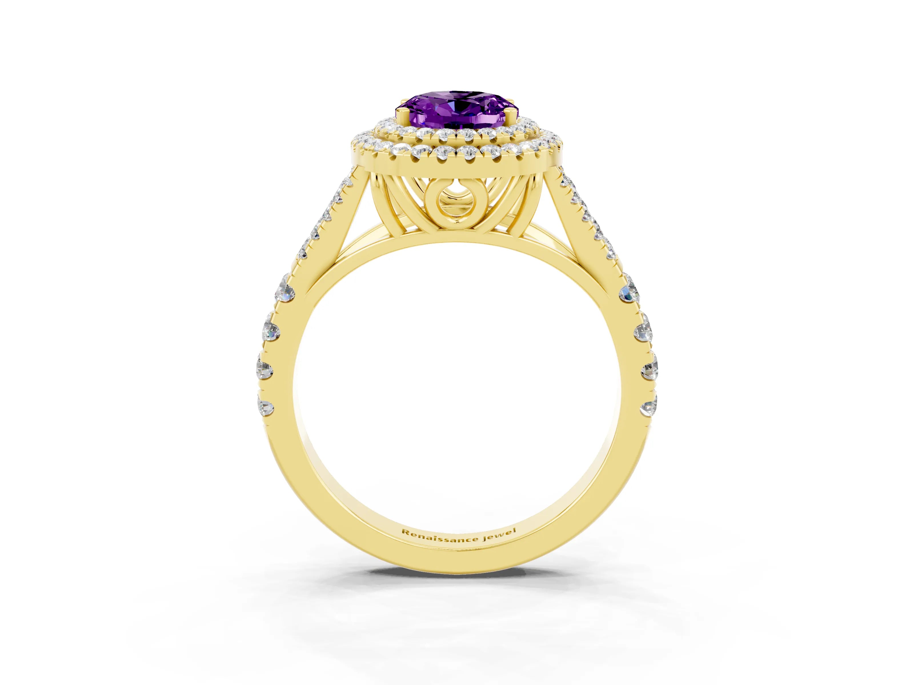 Yellow gold Double Halo Oval Cut Amethyst Split Shank Engagement Ring with Four-Prong Setting_3