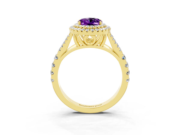 Yellow gold Double Halo Oval Cut Amethyst Split Shank Engagement Ring with Four-Prong Setting