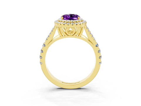 Yellow gold Double Halo Oval Cut Amethyst Split Shank Engagement Ring with Four-Prong Setting_3