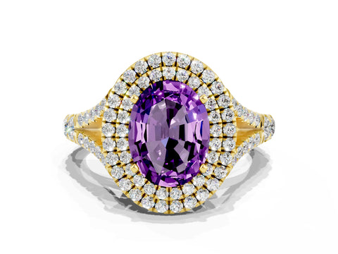 Yellow gold Double Halo Oval Cut Amethyst Split Shank Engagement Ring with Four-Prong Setting