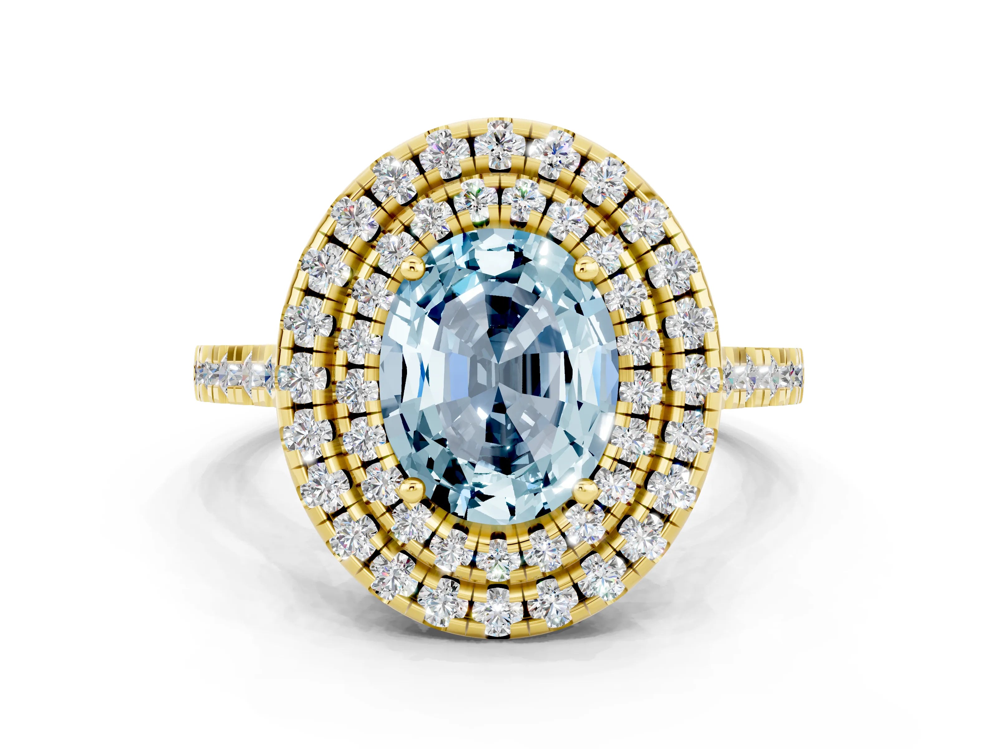 Yellow gold Double Halo Oval Cut Aquamarine Pavé Band with Four-Prong Setting