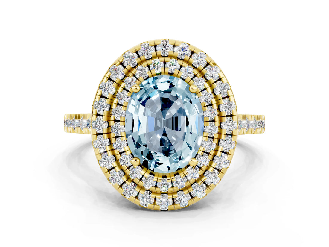 Yellow gold Double Halo Oval Cut Aquamarine Pavé Band with Four-Prong Setting