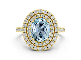Yellow gold Double Halo Oval Cut Aquamarine Pavé Band with Four-Prong Setting