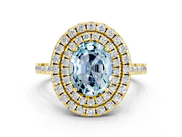 Yellow gold Double Halo Oval Cut Aquamarine Pavé Band with Four-Prong Setting