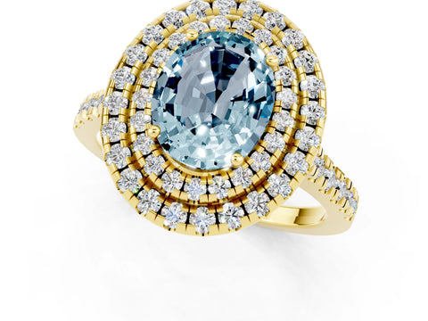 Yellow gold Double Halo Oval Cut Aquamarine Pavé Band with Four-Prong Setting_1