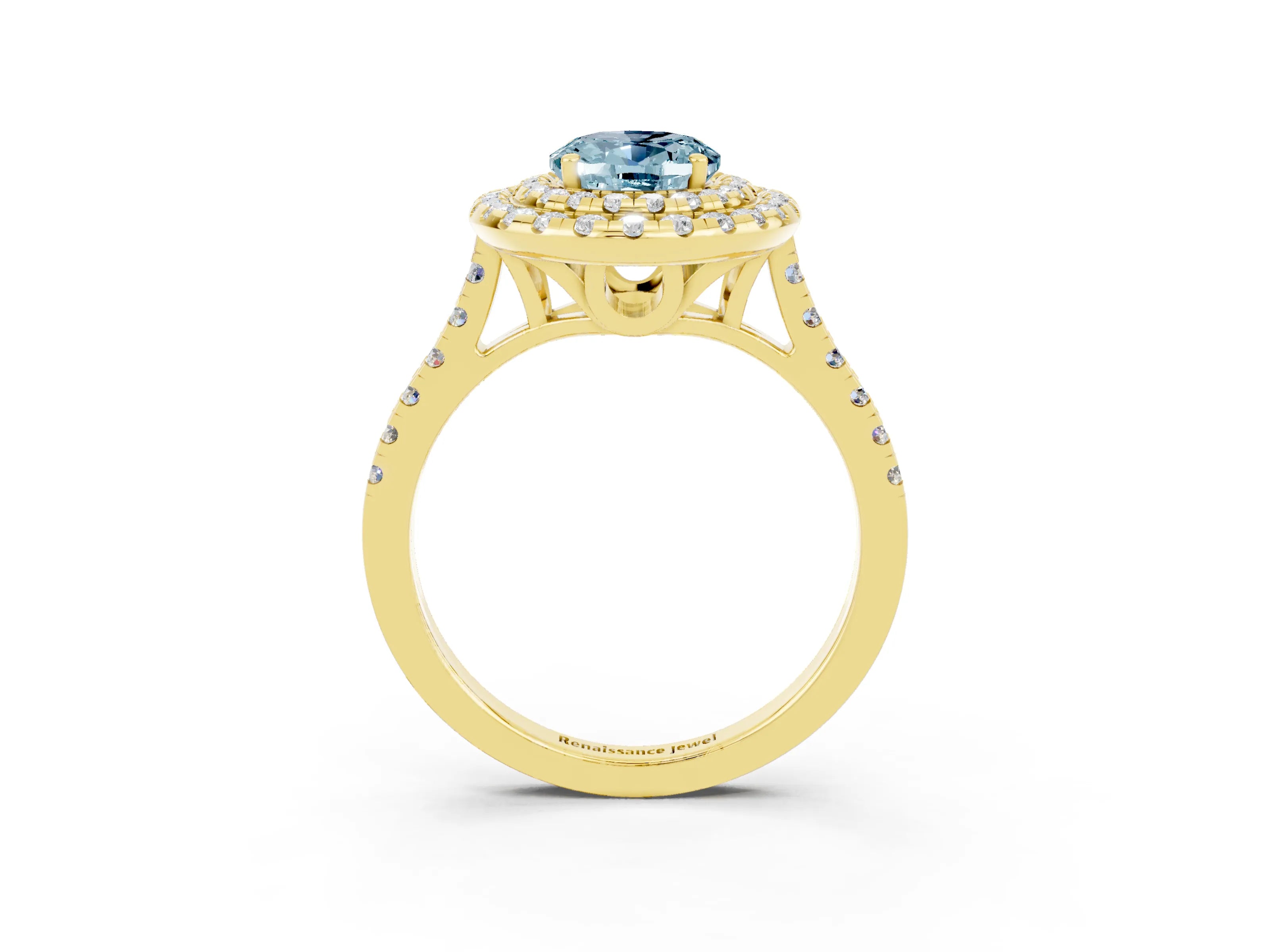 Yellow gold Double Halo Oval Cut Aquamarine Pavé Band with Four-Prong Setting_3