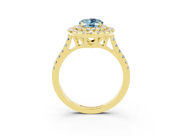 Yellow gold Double Halo Oval Cut Aquamarine Pavé Band with Four-Prong Setting