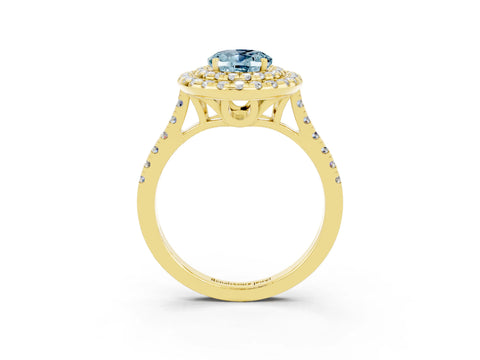 Yellow gold Double Halo Oval Cut Aquamarine Pavé Band with Four-Prong Setting_3