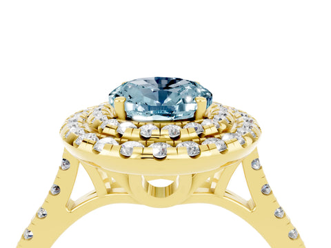 Yellow gold Double Halo Oval Cut Aquamarine Pavé Band with Four-Prong Setting_4
