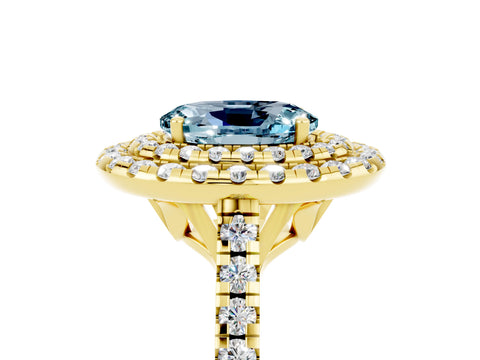 Yellow gold Double Halo Oval Cut Aquamarine Pavé Band with Four-Prong Setting_5