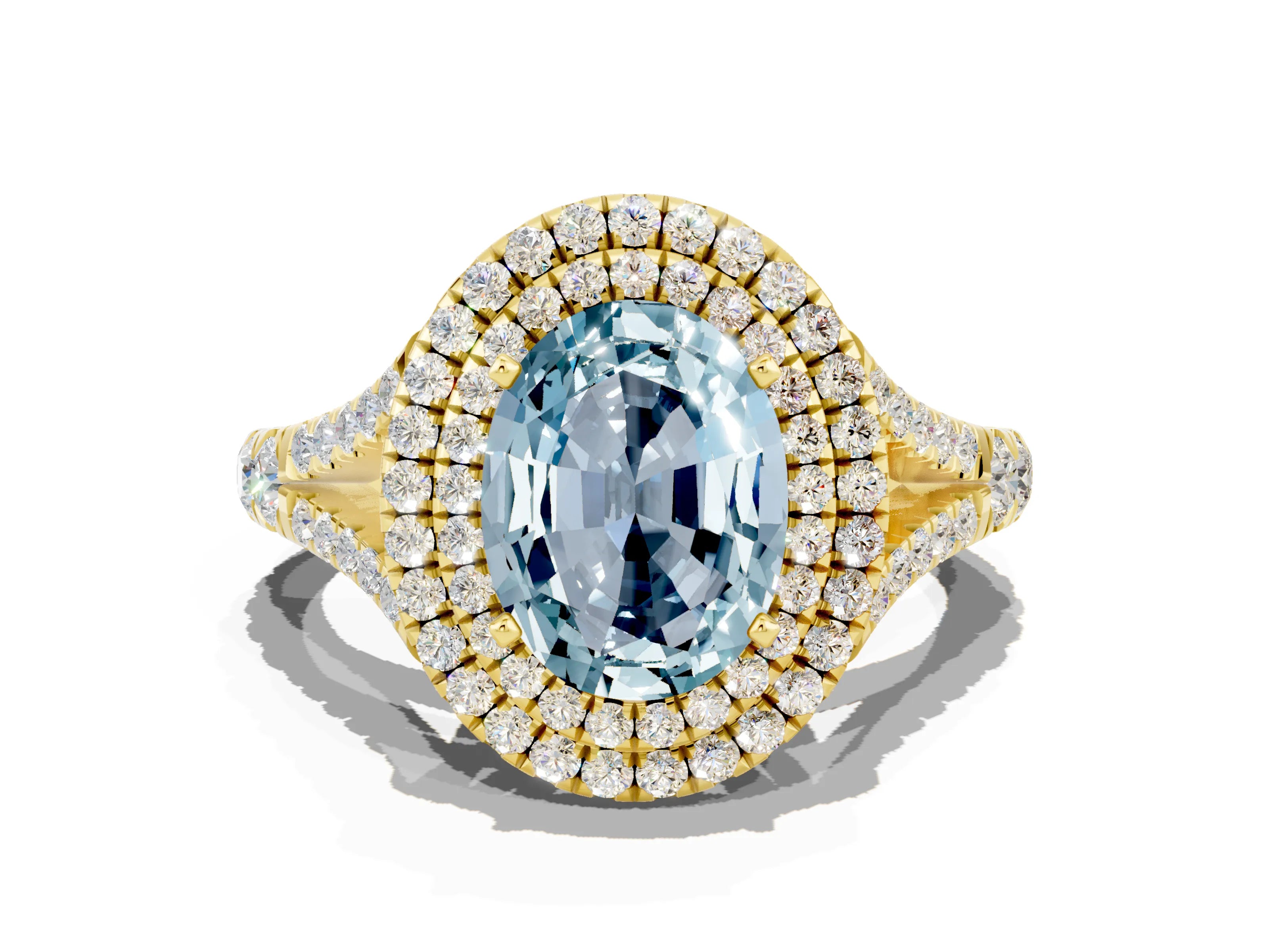 Yellow gold Double Halo Oval Cut Aquamarine Pavé Split Shank Ring with Prong Setting